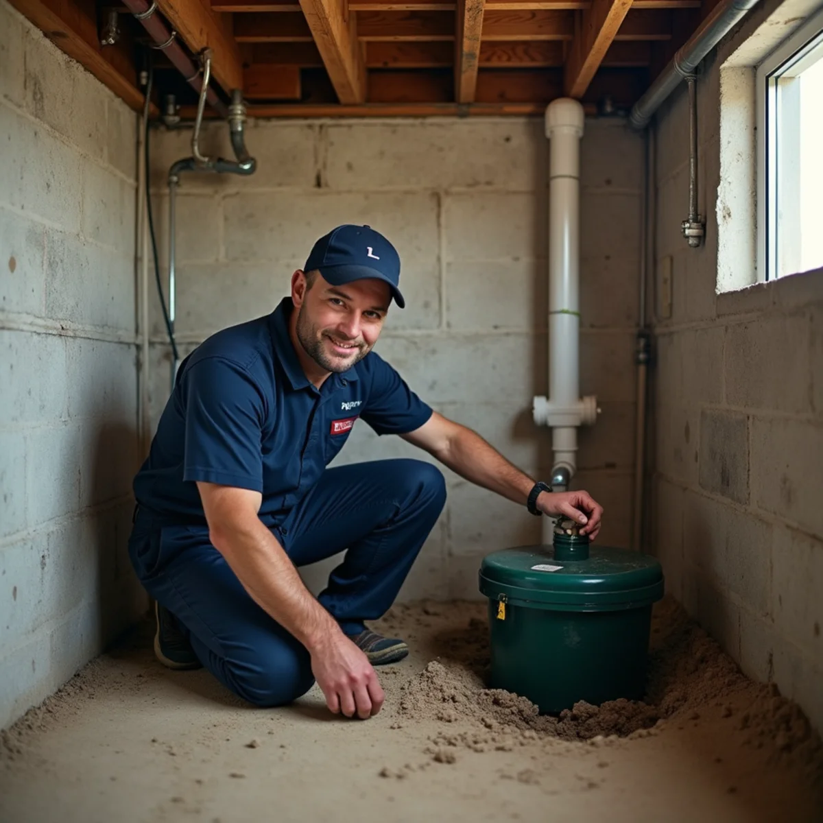 Sewage ejector pump basin next to a sump pit in a basement