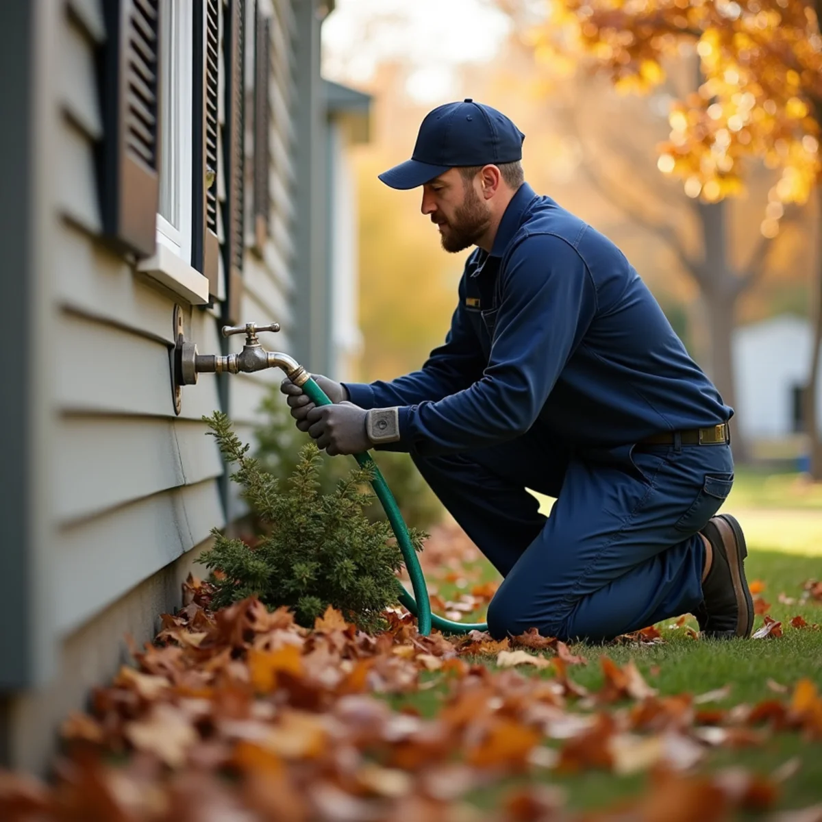 Homeowner draining an outdoor hose bib before winter in Lake in the Hills, IL