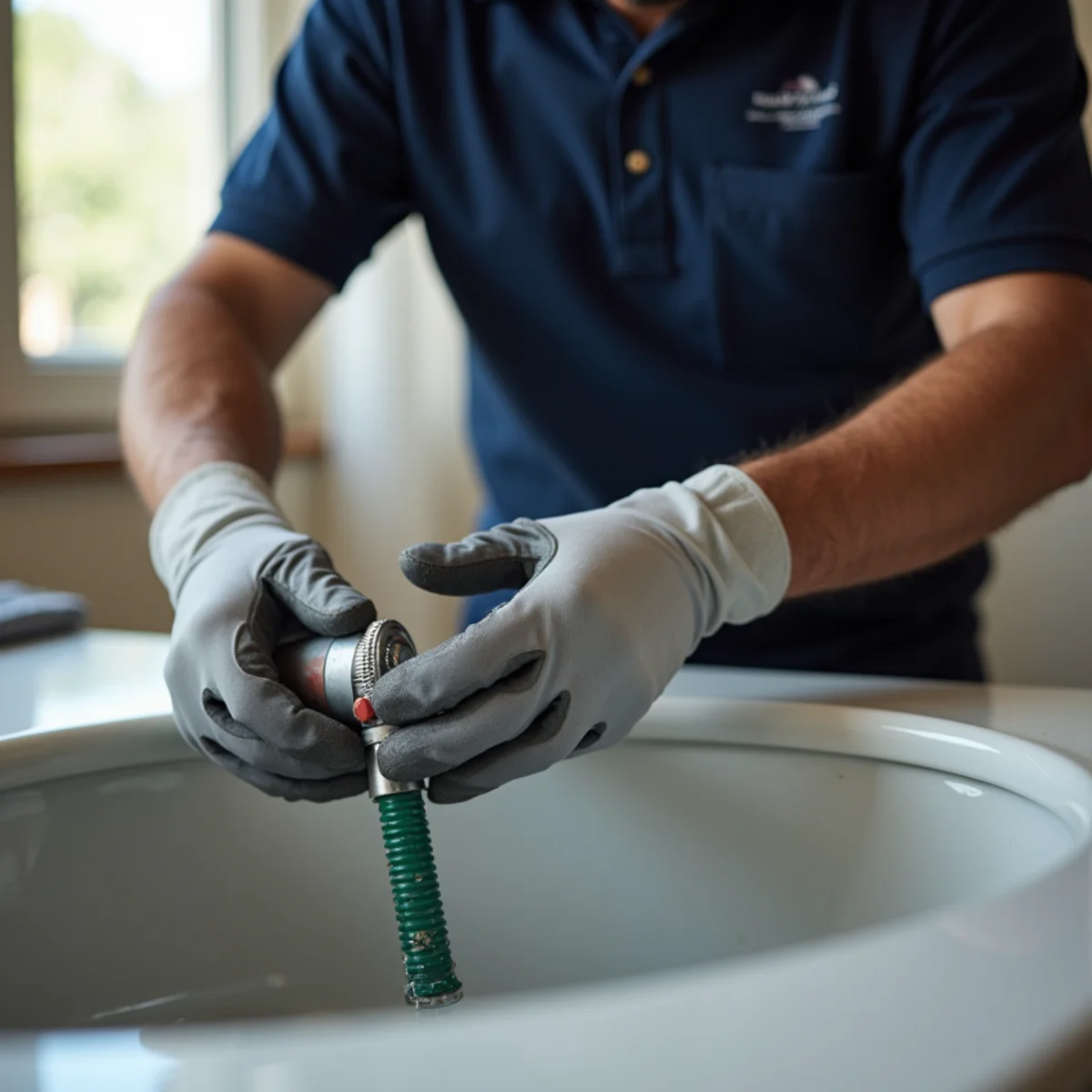 Plumber snaking a clogged drain line in a McHenry County home