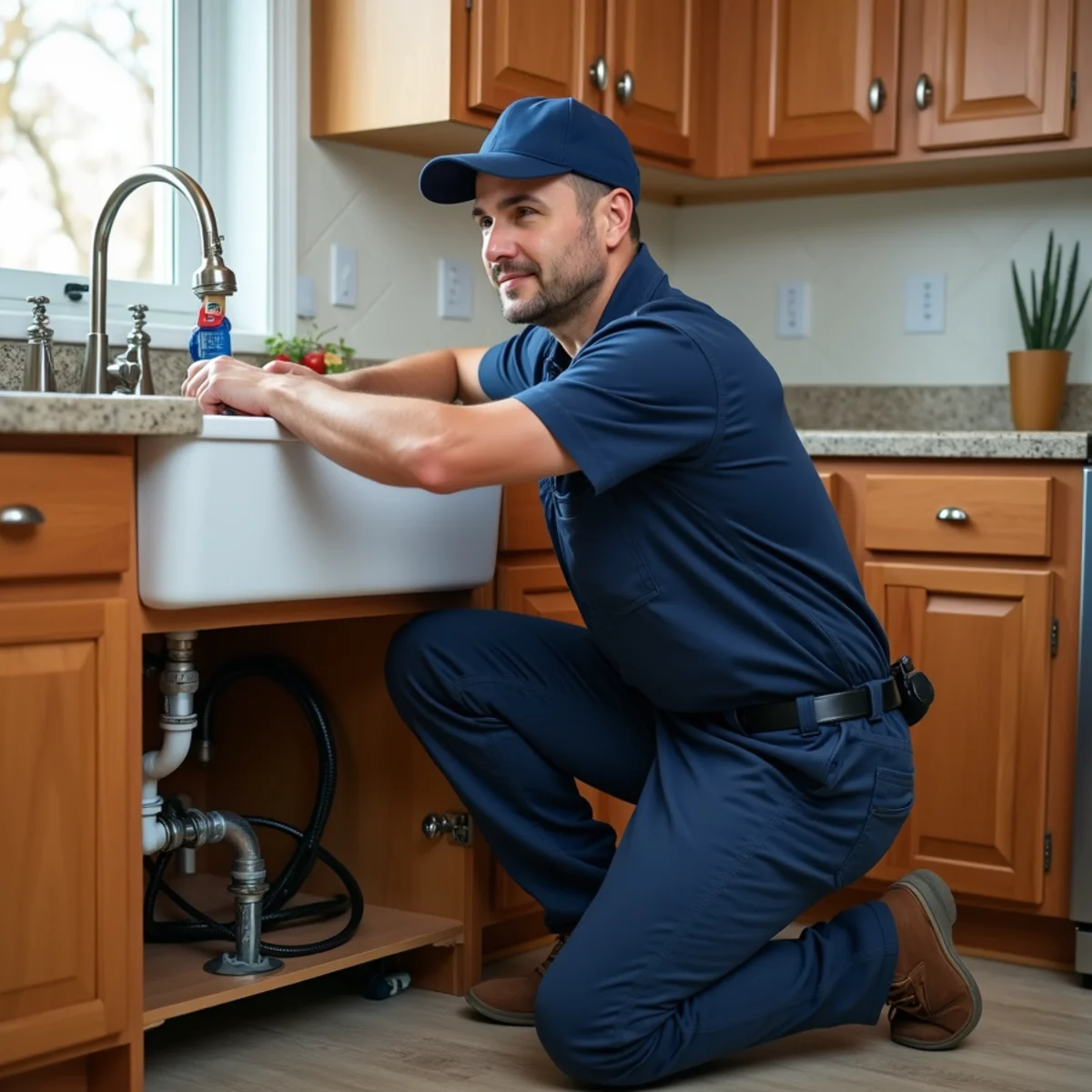 Plumber clearing a clogged kitchen drain in a Lake in the Hills, IL home