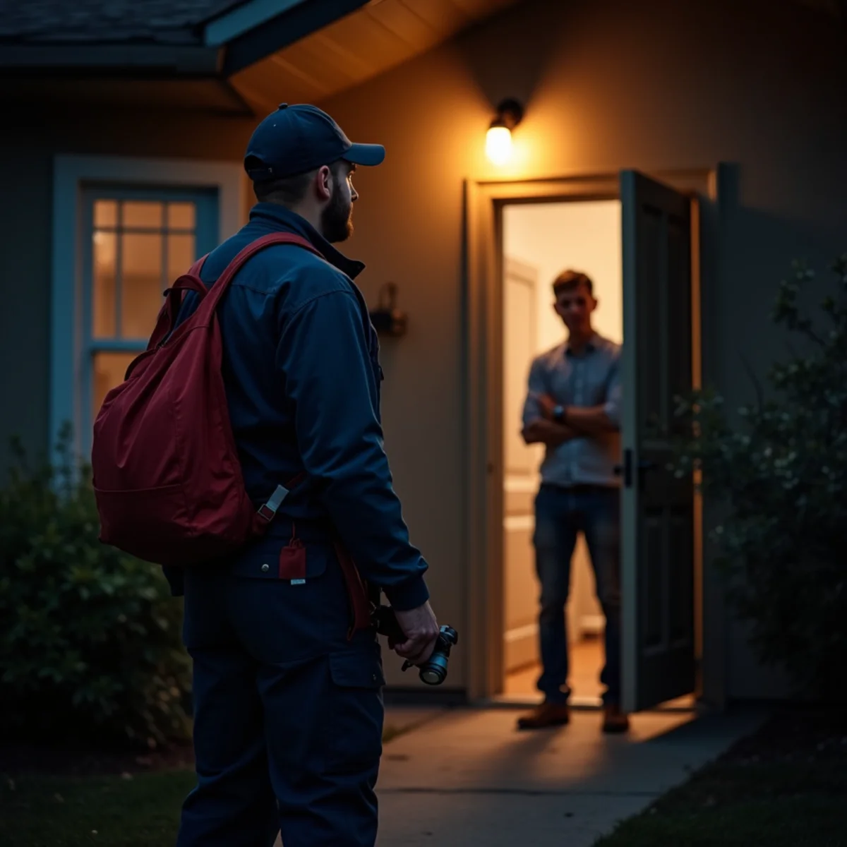 Emergency plumber arriving at a McHenry County home at night