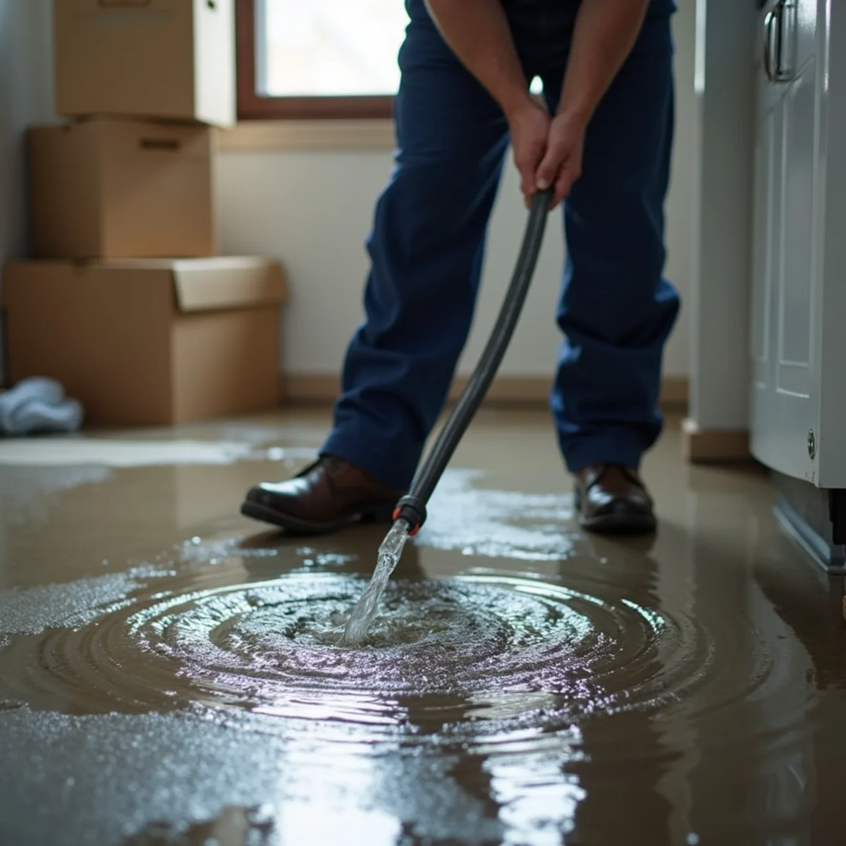 Plumber extracting water from a flooded basement in Lake in the Hills, IL