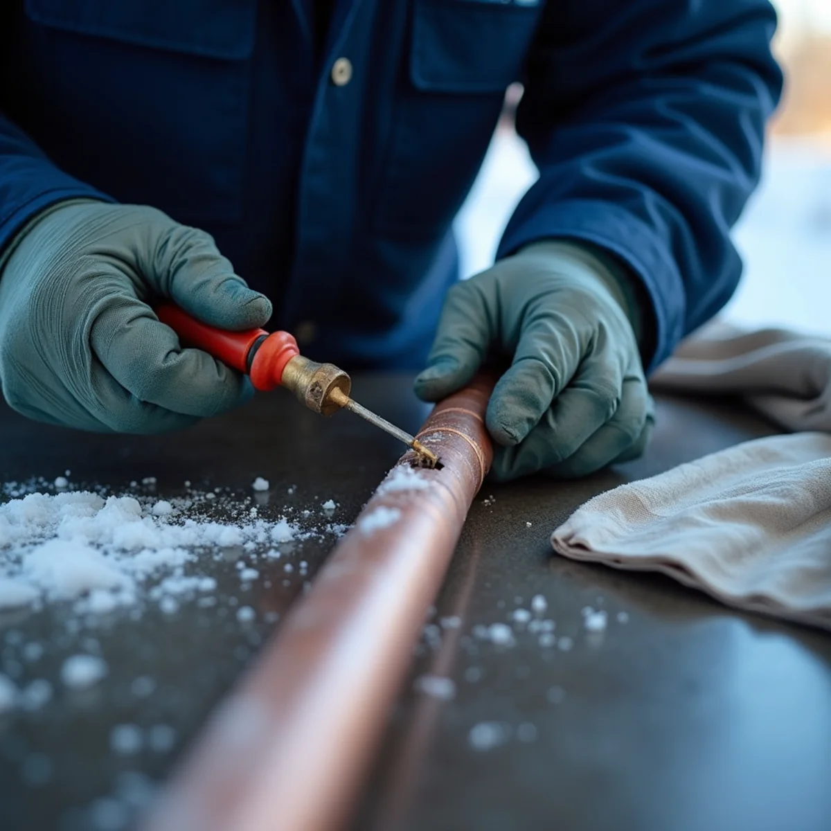 Plumber repairing a burst frozen pipe in an Illinois basement