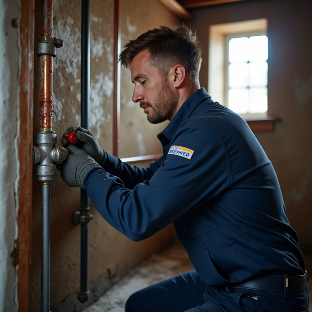 Plumber repairing a burst frozen pipe in a Lake in the Hills, IL home during winter