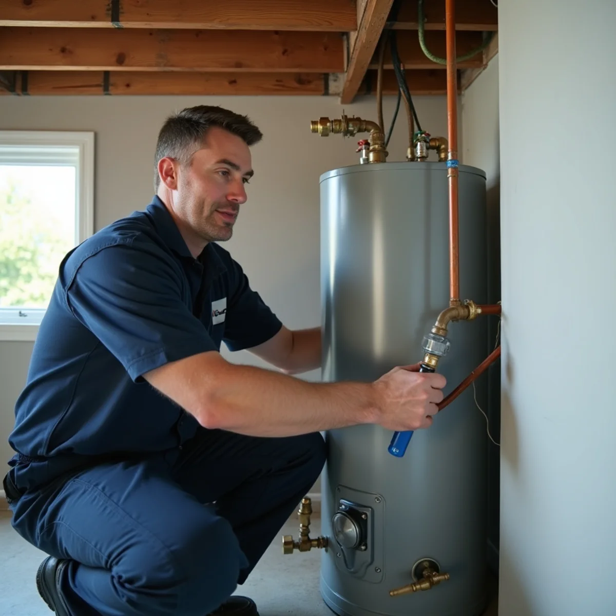 Ludwig Family Plumbing technician installing a water heater in a Lake in the Hills, IL home